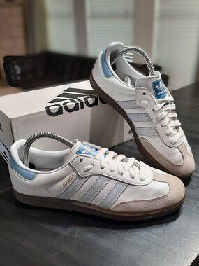 Adidas Shoes Mens Size 7.5 Samba OG White Halo Blue Leather Sneakers (#1826)